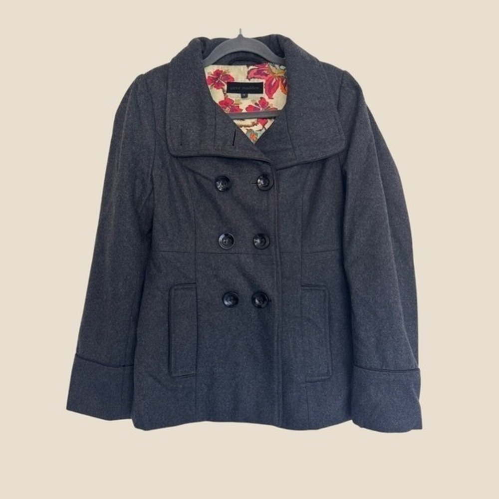 Steve Madden‎ Small Wool Blend Charcoal Double Breasted Button Up Peacoat